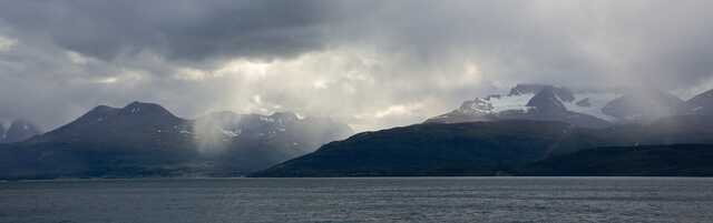 Moody mountain landscape with fjord in KÃ¥fjord Norway